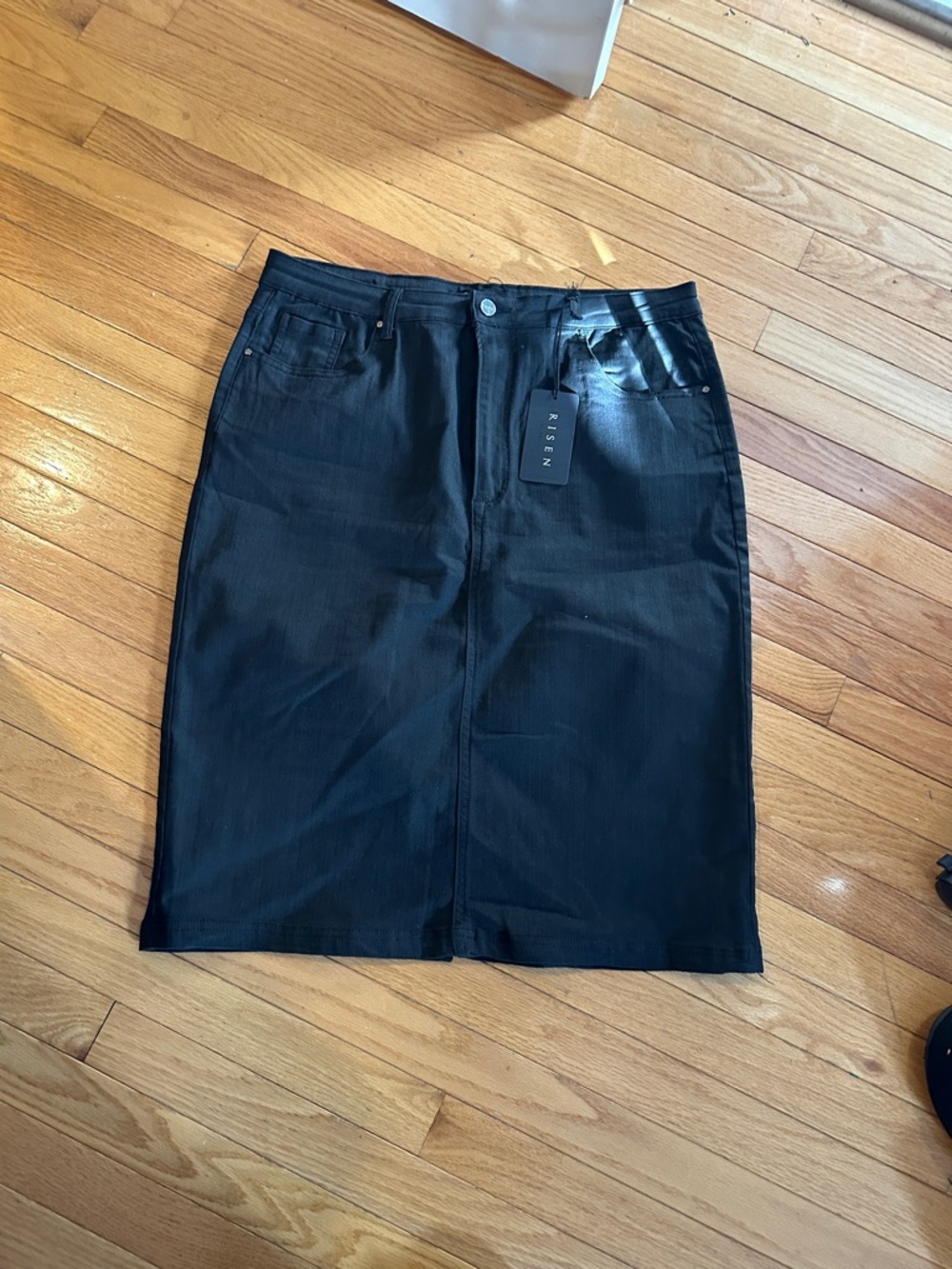 Risen Black Denim Midi Pencil Skirt